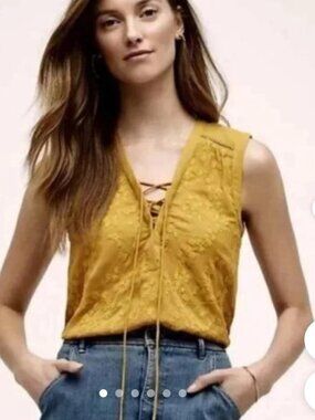 Maeve Anthropologie Mustard Embroidered Lace-Up Sleeveless Top Boho Size 4